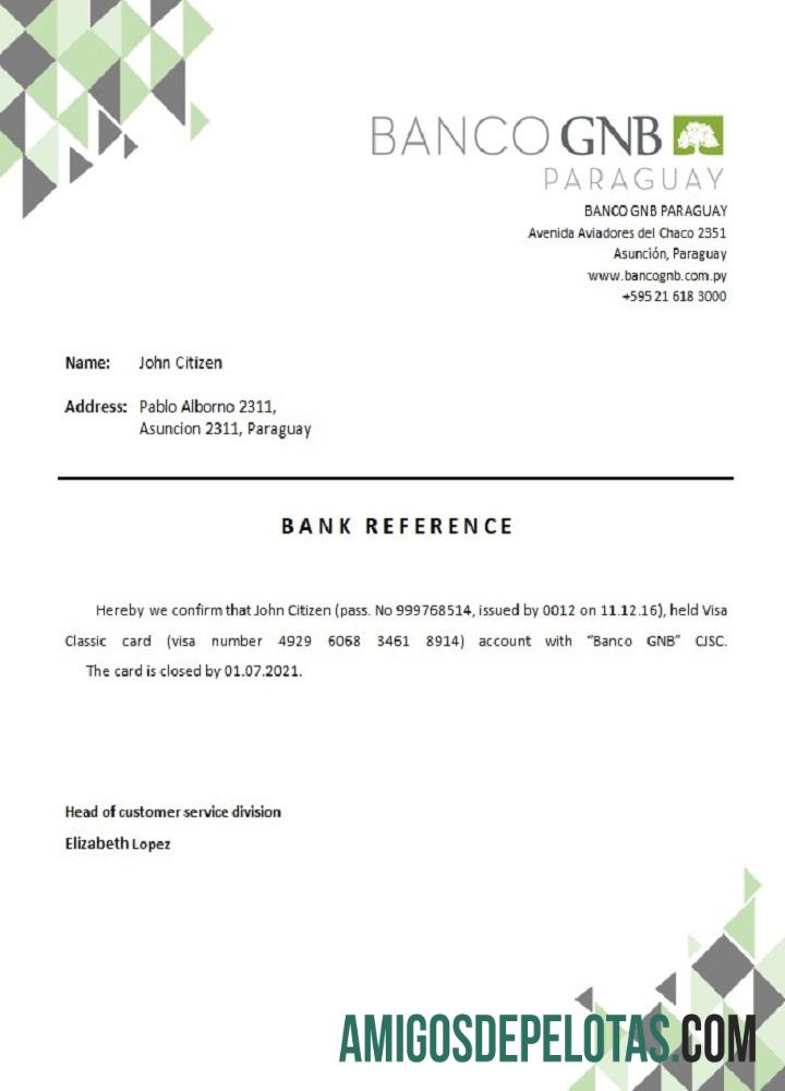 Referência de fechamento do Banco GNB do Paraguai exemplo real